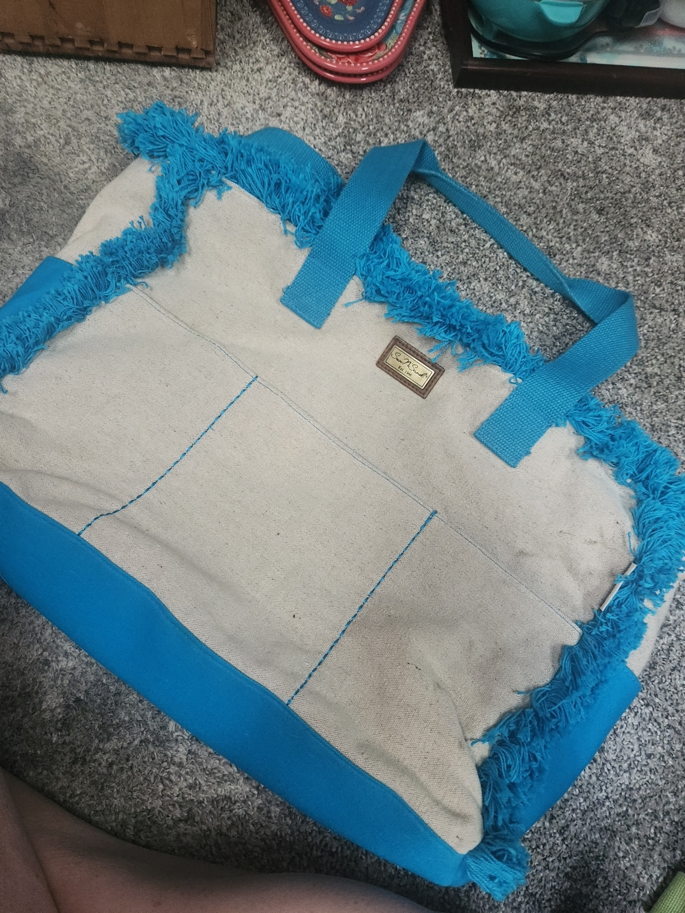 Fringed Canvas Tote Bag in Turquoise Accent